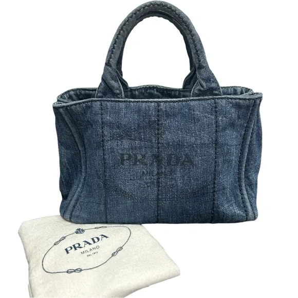 Prada Blue Denim Canapa PM Two Way Tote Bag with Dust Bag - Picture 10 of 11